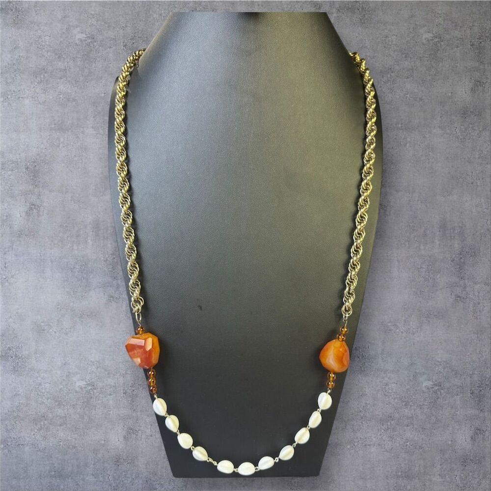 291.Vintage Gold Tone Chain Necklace‎ w/ Carnelian & White Beads